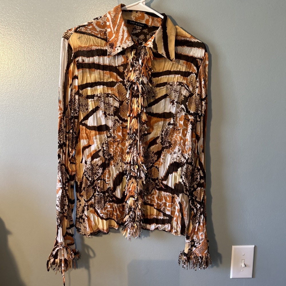 VIOLET & CLAIRE Blouse Vtg Sheer Crinkle Design Multicolor Orange Long Sleeve XL